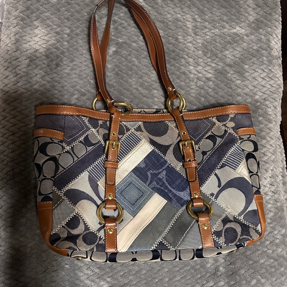 Patchwork Tote Bag - Brown and Blue